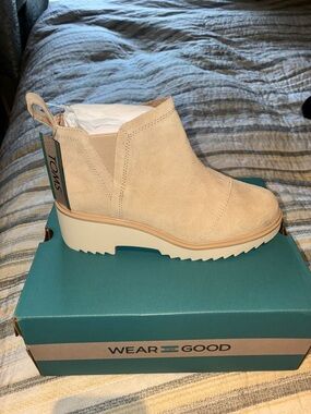 TOMS Cream Suede Wedge Chelsea Booties